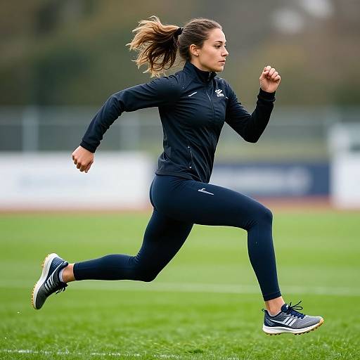 Photograph of a fit, brunette woman in black athletic gear running on a green grass field, focused and determined, with blurred background.
