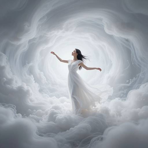 Digital artwork: Silhouetted woman with flowing black hair in white dress, arms raised, standing amidst swirling white clouds, illuminated by bright, radiant