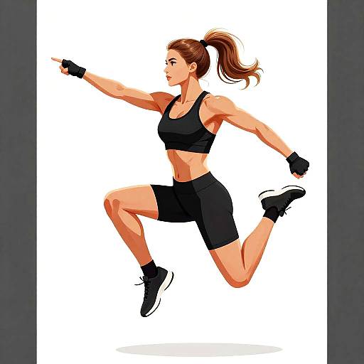 Digital illustration of a fit, brown-haired woman in black sports bra, shorts, and wristbands, mid-jump, running, with athletic sneakers.