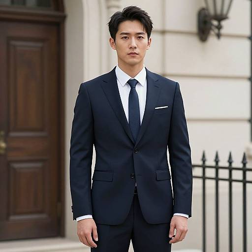 Photograph of an Asian man with short black hair, wearing a black suit, white shirt, and black tie, standing in front of a wooden door