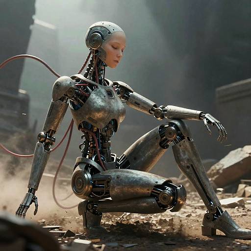 Photorealistic CGI of a sleek, metallic female robot with exposed wiring, kneeling in a dusty, sunlit, industrial ruin.