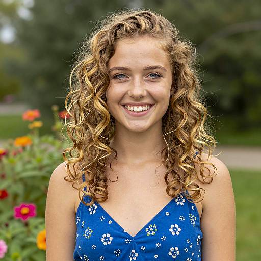 Young Woman Smiling in Blue Floral Sundress