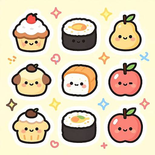 Cute digital drawing of nine chibi-style food items with smiling faces: cupcake, sushi, peach, pork bun, melon, peach,