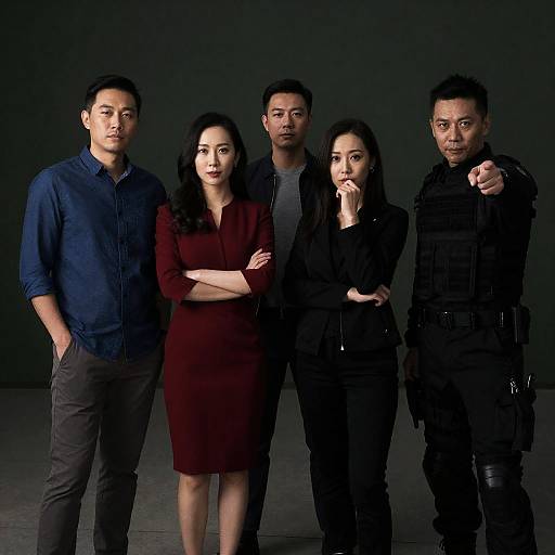 Group of five serious Asian adults in varied attire