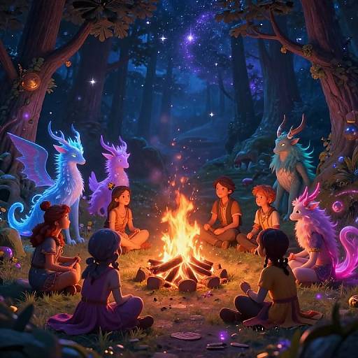 Digital fantasy artwork: Children sit around a glowing campfire in a magical forest, surrounded by glowing, mythical dragon-like creatures under a starry night sky