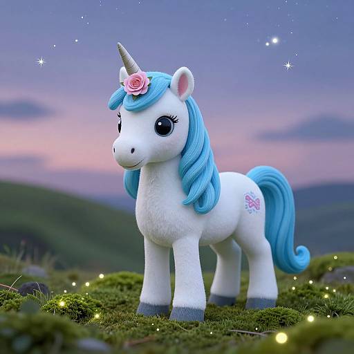 Photorealistic CGI of a cute white unicorn with blue mane and tail, pink rose on head, standing on mossy ground at twilight.