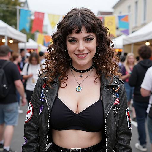 Photograph of a smiling, curly-haired woman with fair skin, wearing a black leather jacket, bralette, and choker, standing in a busy