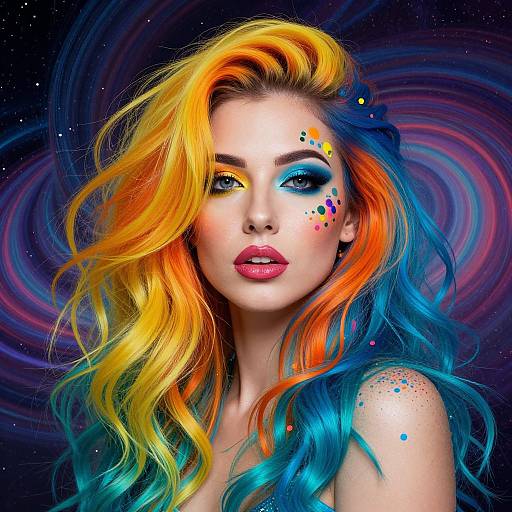 Digital portrait of a fair-skinned woman with vibrant, rainbow-colored, wavy hair, blue and yellow eye makeup, colorful face paint, and a
