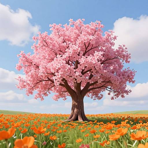 Photograph of a vibrant pink cherry blossom tree standing in a field of bright orange poppies under a blue, cloudy sky.