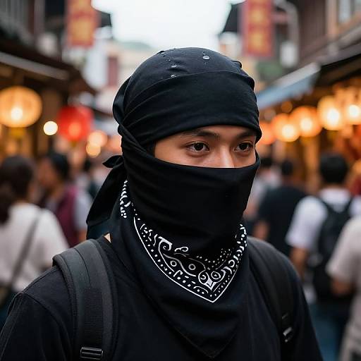 Photograph of a mysterious man in a black bandana, mask, and shirt, carrying a backpack, amidst a bustling, illuminated street market.