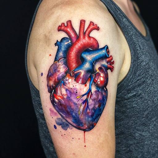 Photograph of a person's upper arm with a vibrant, colorful tattoo of a human heart, featuring red arteries, blue veins, and purple hues,