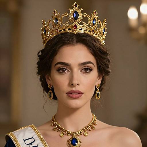 Photograph of a fair-skinned woman with dark brown hair, wearing a gold crown adorned with blue jewels, matching necklace, earrings, and a white