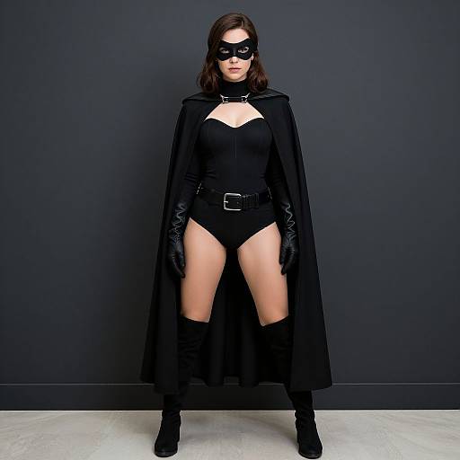 Photograph of a woman in a black superhero costume, mask, cape, gloves, high-waisted briefs, and boots, standing against a