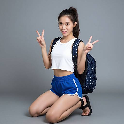 Photograph of an Asian woman with a ponytail, kneeling, wearing a white crop top, blue shorts, black sandals, and a polka-dot