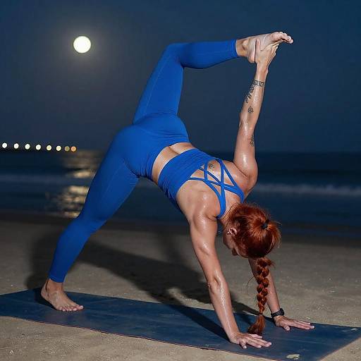 Dynamic Yoga Scene on Beach at Night