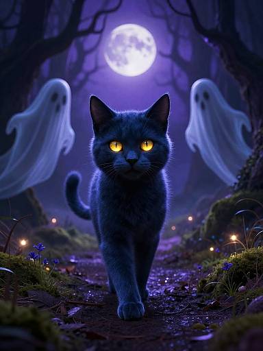 Digital art of a blue-gray cat with glowing yellow eyes walking through a moonlit forest, flanked by two ghostly figures, with glowing fireflies