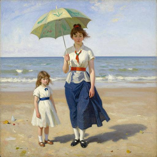 Oil painting of a woman with brown hair holding a green umbrella, and a young girl in white dresses on a sandy beach.