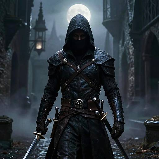 Shadowy Assassin in Misty Medieval Alley