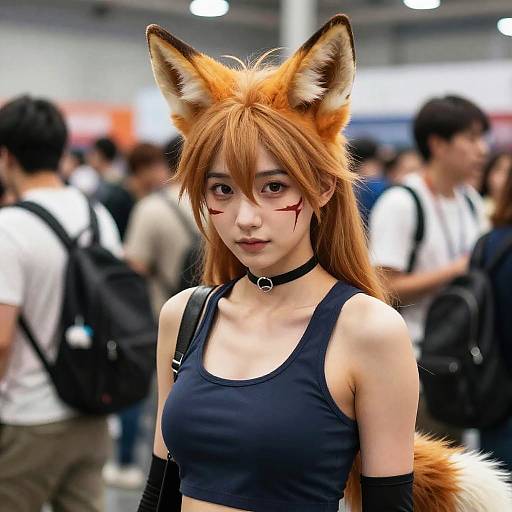 Photograph of an Asian woman with fox ears and red face paint, wearing a black sports bra, choker, and gloves, in a crowded indoor