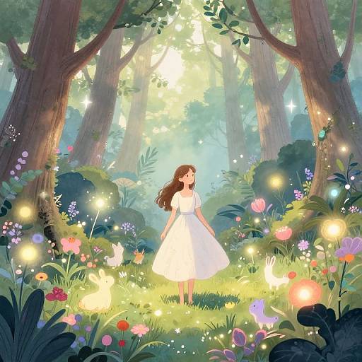 Digital illustration of a young girl with long brown hair in a white dress, standing in a magical forest filled with glowing fireflies, colorful flowers, and
