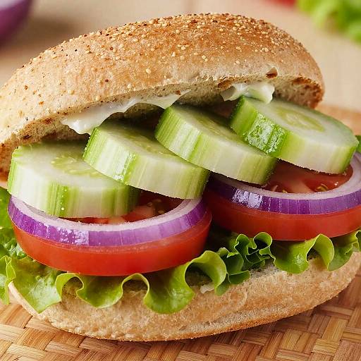 Close-up photograph of a fresh, vibrant sandwich with cucumber slices, red onion rings, tomato slices, lettuce, and whole grain bun.