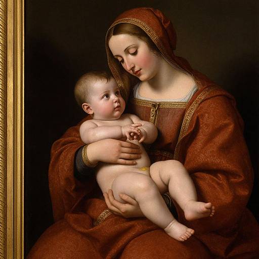 Renaissance painting of a fair-skinned mother with a red dress, gently holding her naked, fair-skinned baby, both gazing lovingly