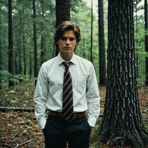 Young Man in Tie Standing in Forest