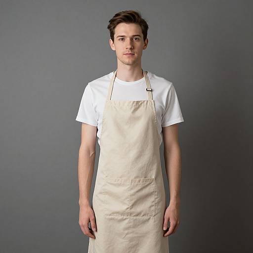 Photograph of a young Caucasian man with short brown hair, wearing a white T-shirt and beige apron, standing against a gray background.