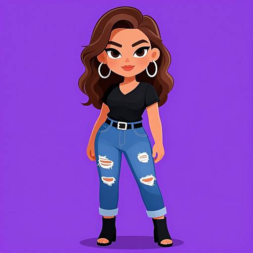Digital cartoon of a confident, brown-haired woman with hoop earrings, black top, blue ripped jeans, black belt, and black ankle boots, standing against