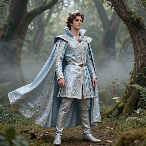 Photorealistic CGI of a young man with curly brown hair, wearing a silver ornate robe, cape, and crown, standing confidently in a mist
