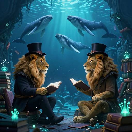 Digital artwork: Two anthropomorphic lions in top hats and black suits, reading books underwater, surrounded by glowing books and three whales.