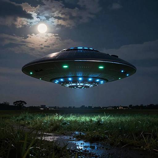 Photograph of a glowing, saucer-shaped UFO hovering above a moonlit field, illuminated by blue lights against a cloudy night sky.