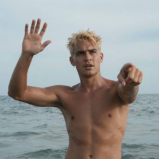 Muscular Man Posing in Ocean