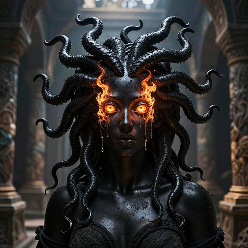 Ethereal Black Medusa with Liquid Fire Eyes