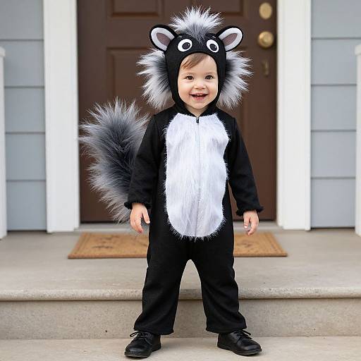 Photograph of a smiling toddler in a black and white skunk costume with fluffy tail, standing on a porch steps.