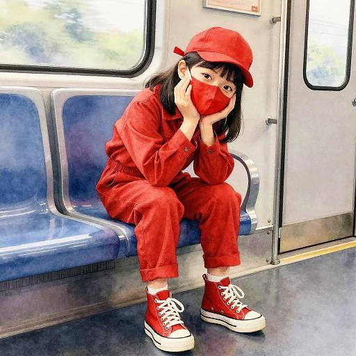 Photograph of an Asian woman in red outfit, mask, and cap, sitting on a blue subway seat, wearing red Converse sneakers.