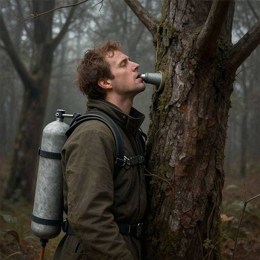 Photograph of a young man with curly brown hair, wearing a green jacket and oxygen tank, drinking from a metal pipe attached to a tree in a