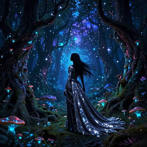 Digital fantasy artwork: Silhouetted female figure in shimmering, star-patterned gown stands amidst glowing mushrooms and twinkling stars in a dark,