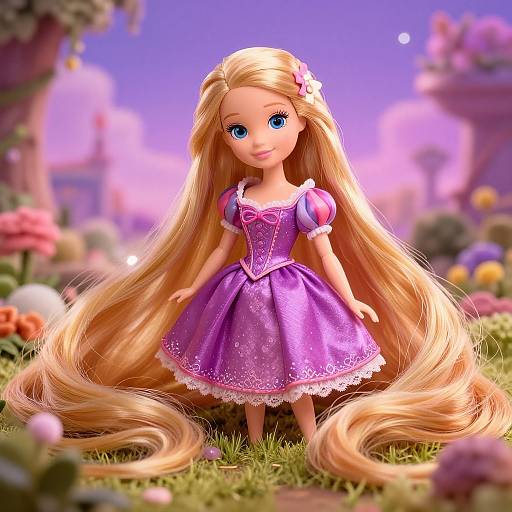 Photorealistic CGI of a blonde Barbie with long, flowing hair, wearing a purple princess dress, standing in a colorful, blooming garden.