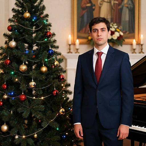 Man in Suit Standing by Christmas Tree and Piano