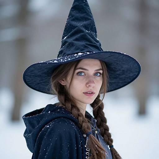Photograph of a young woman with fair skin, blue eyes, and long brown braids, wearing a black witch hat and cloak, standing in a
