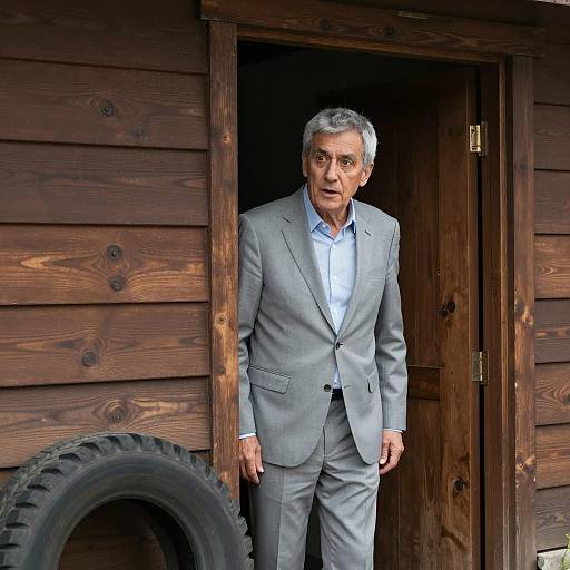 Surprised Man in Gray Suit at Doorway