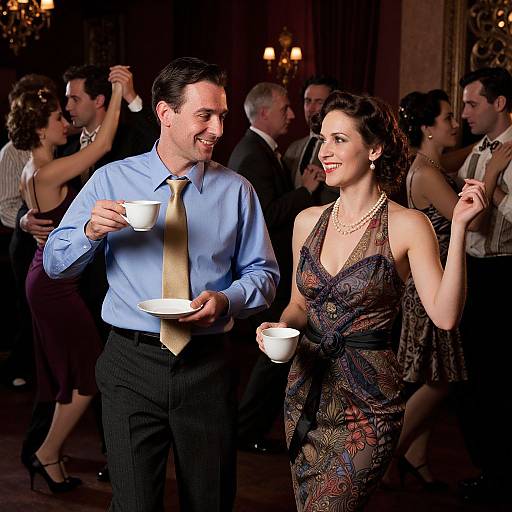 Photograph of a smiling man in a blue shirt and gold tie, and a woman in a patterned dress, holding teacups, dancing in
