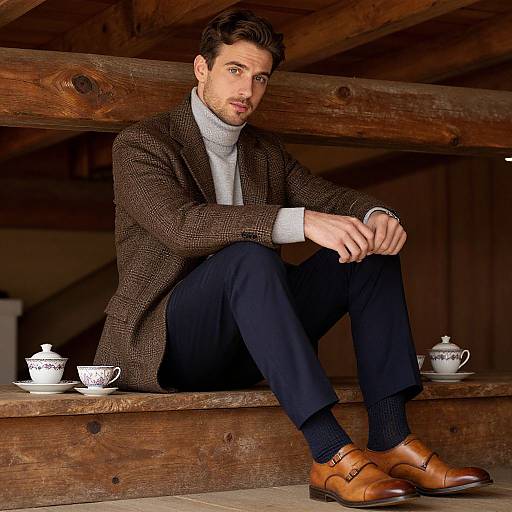 Photograph of a handsome man with short brown hair, wearing a brown tweed blazer, gray turtleneck, black pants, and brown leather