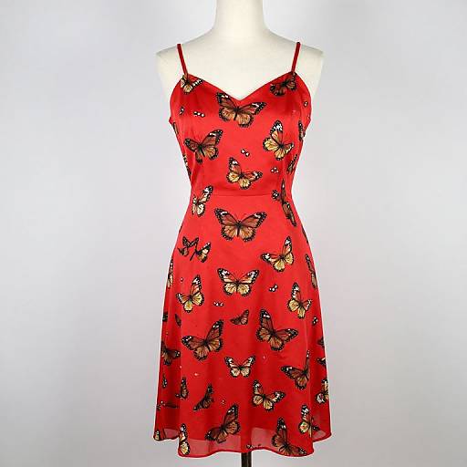Photograph of a red, sleeveless, V-neck dress with a butterfly pattern, displayed on a white mannequin against a plain white background.