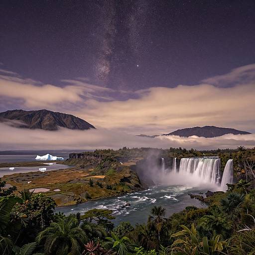 Photograph of a dramatic waterfall in a lush, tropical landscape with mist, mountains, and a cloudy, star-filled night sky.