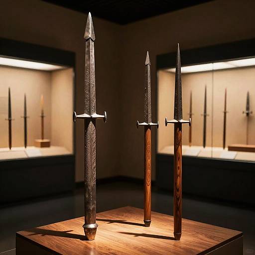 Photograph of three intricately designed, metallic knives with distinct textures and wooden mounts, displayed under soft lighting in a museum case.