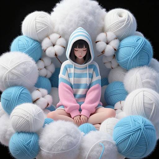 Digital art of a girl with black bob haircut, wearing a blue and white striped hoodie, sitting cross-legged among blue and white yarn balls and cotton p