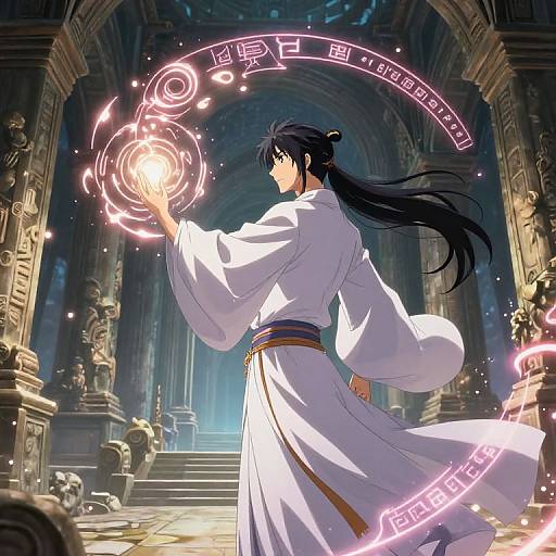 Anime-style digital artwork of a long-haired, black-haired man in a white robe casting glowing magical circles in an ancient, dimly lit temple. Korean