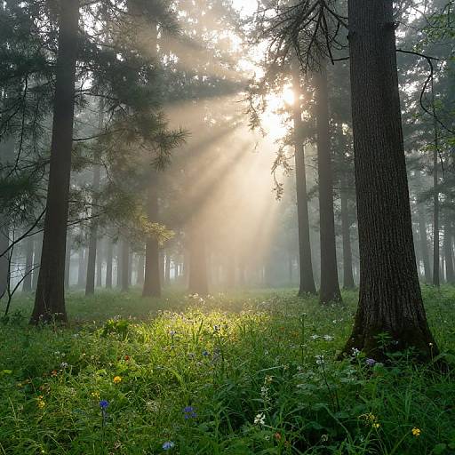 Photograph of a misty forest at sunrise, sunlight streaming through tall trees, illuminating green grass and colorful wildflowers on the forest floor.